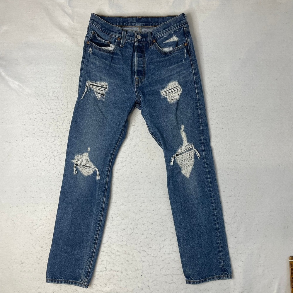 Levi's 501 Original Fit Jeans Womens 27x30 Blue‎ Distressed Straight Leg Denim